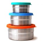 3 ronde trommeltjes 
roestvrij staal
silicone deksel